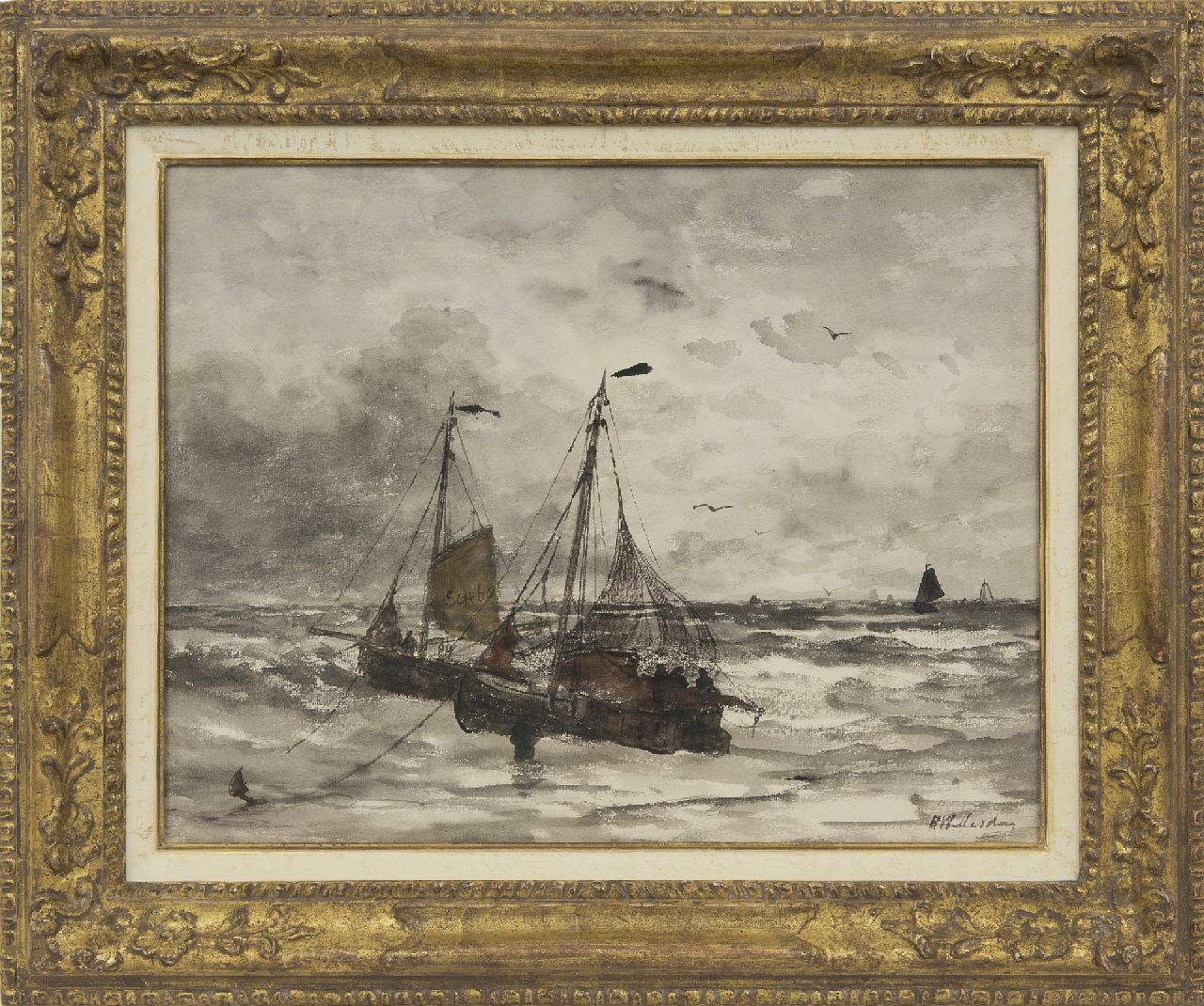 Mesdag H.W.  | Hendrik Willem Mesdag, Fishing boats at anchor in the surf, watercolour on paper 45.0 x 57.7 cm, signed l.r.