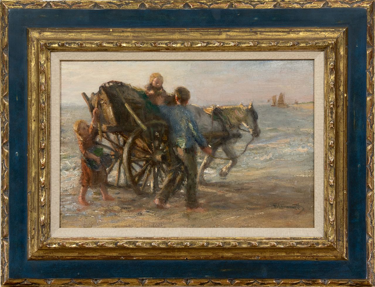 Blommers B.J.  | Bernardus Johannes 'Bernard' Blommers, Shell fisher with his children on the beach, oil on canvas 28.3 x 42.0 cm, signed l.r.