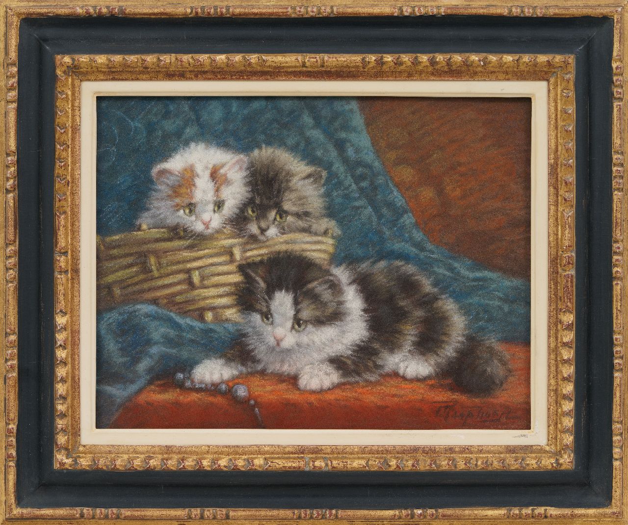 Raaphorst C.  | Cornelis Raaphorst, Three kittens playing with a string of beads, pastel on paper laid down on painter's board 24.4 x 30.9 cm, signed l.r.