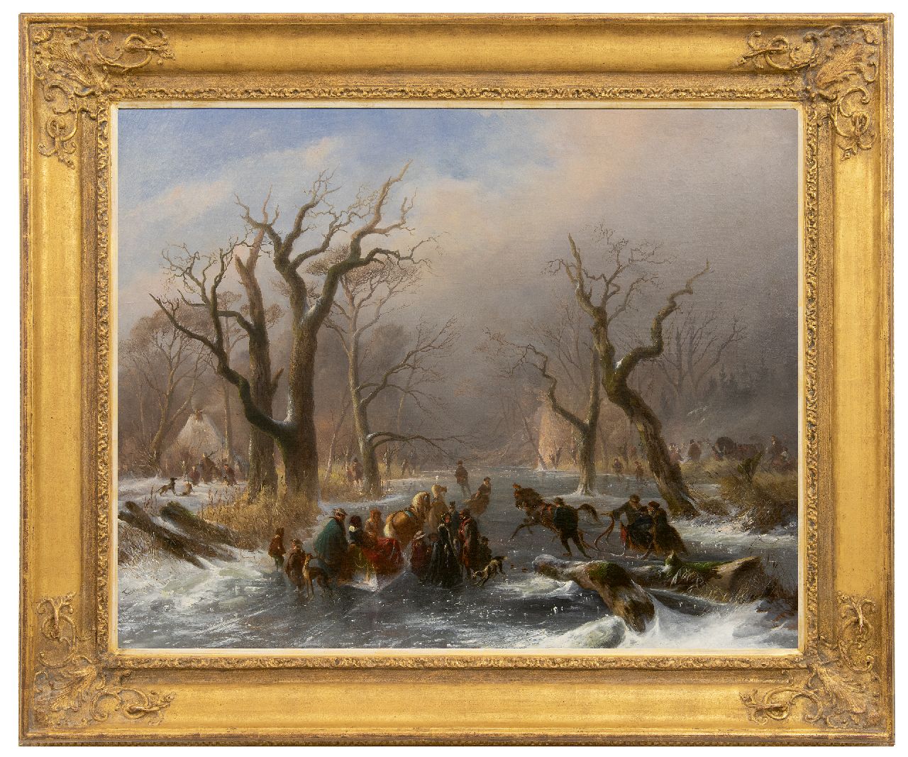 Tavenraat J.  | Johannes Tavenraat, Skaters and a horse sleigh on a frozen forest stream near Kleve, oil on canvas 76.1 x 94.2 cm, signed l.l. and dated 1857