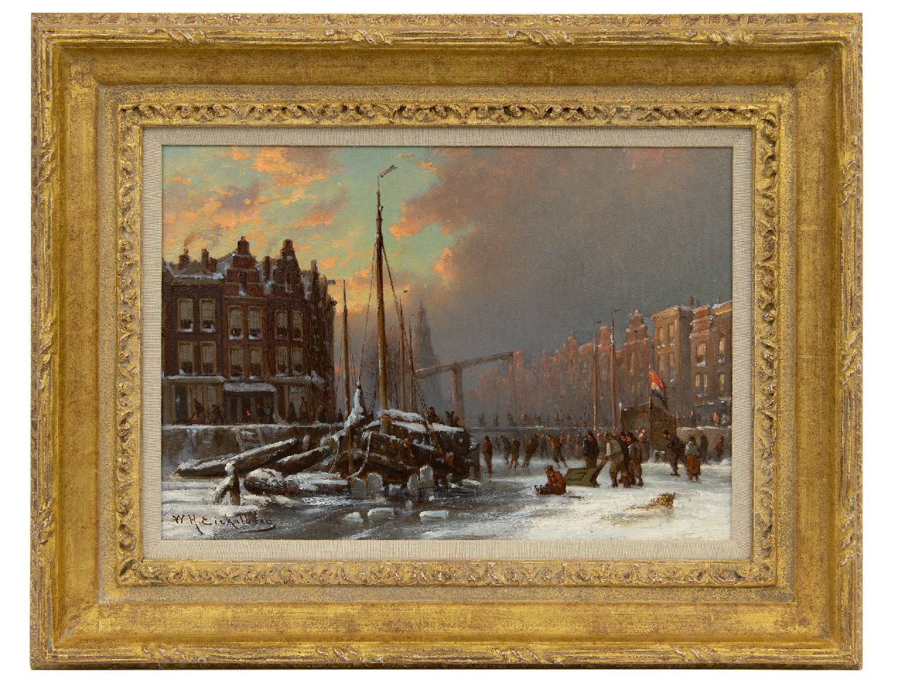 Eickelberg W.H.  | Willem Hendrik Eickelberg | Paintings offered for sale | Skaters on a frozen canal, Amsterdam, oil on panel 26.8 x 38.2 cm, signed l.l. and painted after 1904