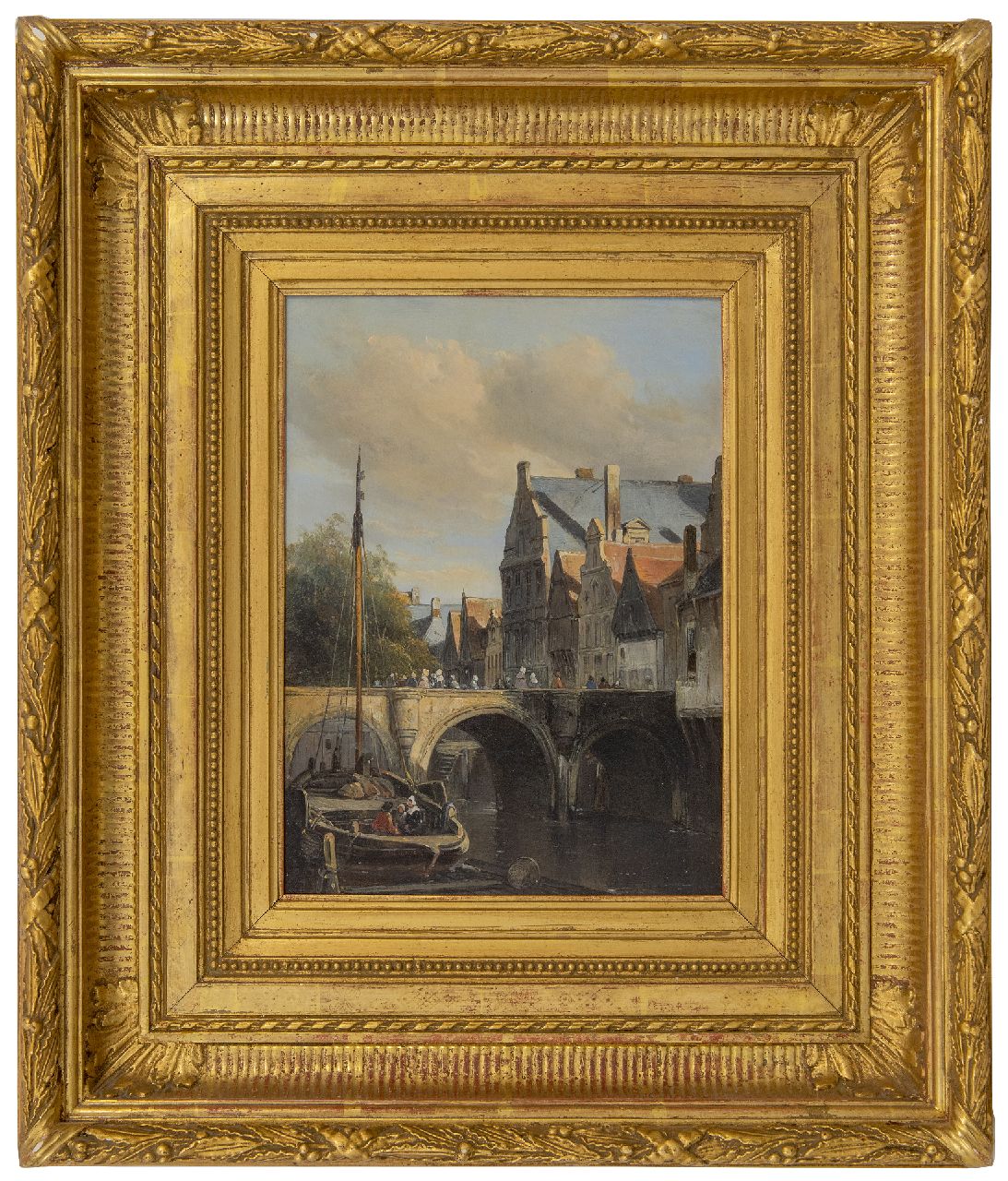 Waldorp A.  | Antonie Waldorp | Paintings offered for sale | A town canal with moored fishing boat, oil on panel 29.8 x 22.0 cm, signed l.l. on the stern of the boat