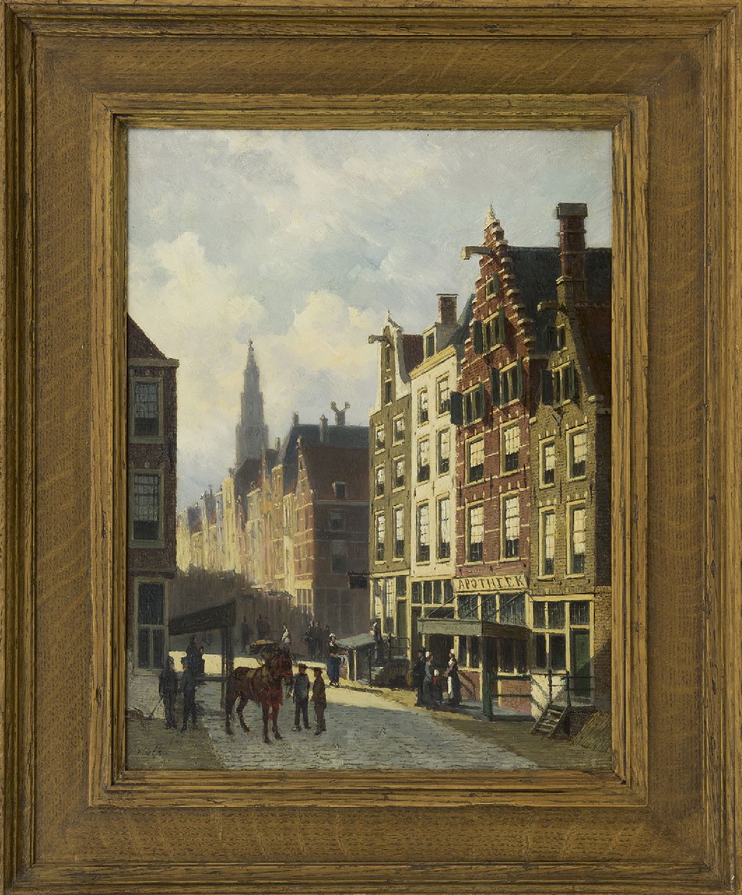 Hulk sr. J.F.  | Johannes Frederik Hulk sr., A sunny town view with a pharmacy shop, oil on panel 40.0 x 31.7 cm, signed l.l.