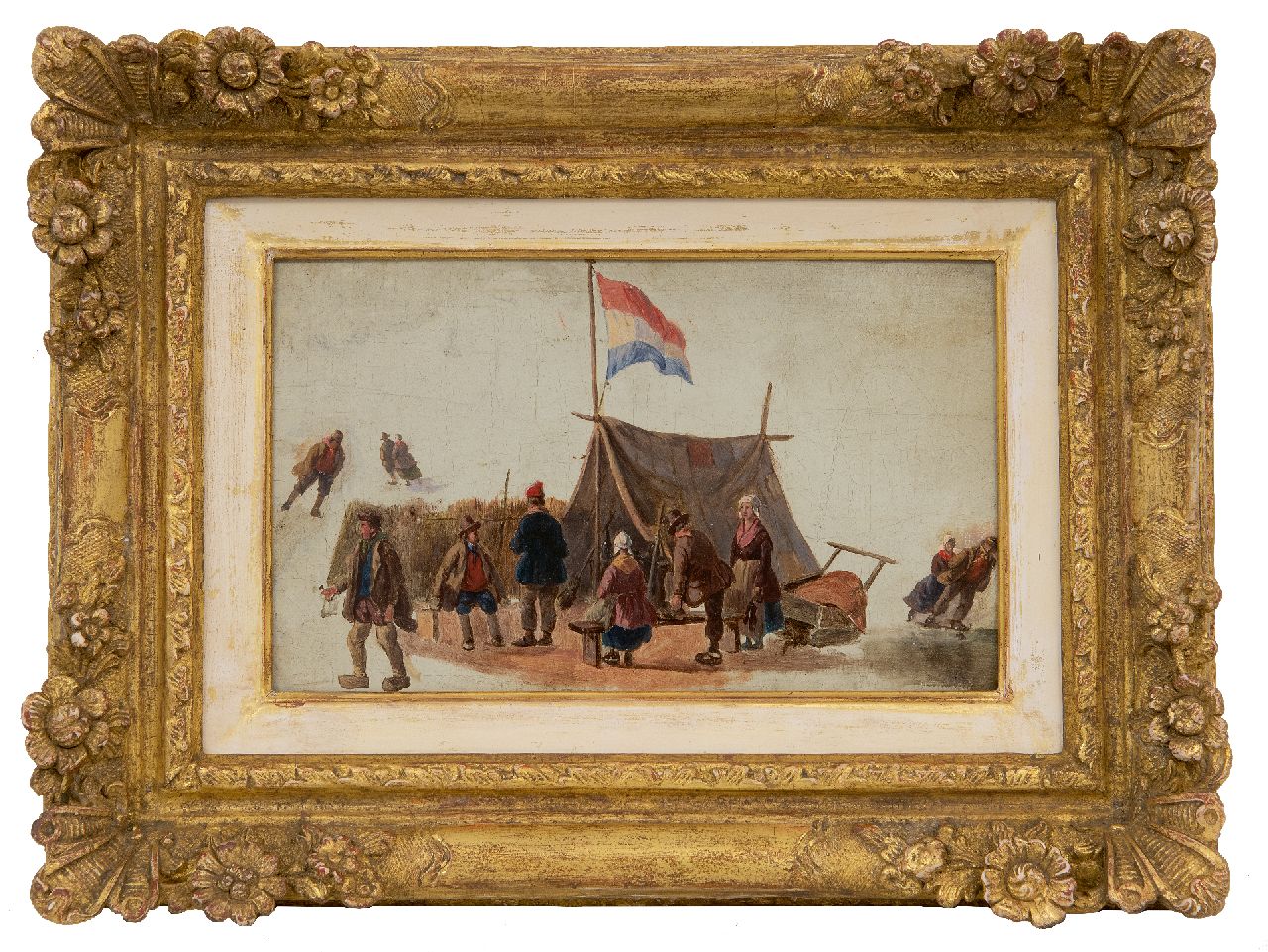 Schelfhout A.  | Andreas Schelfhout, Skaters at a 'koek-en-zopie', oil on canvas on cardboard 13.2 x 21.1 cm