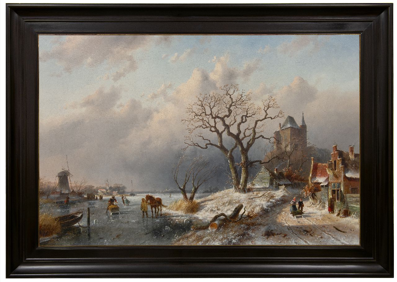 Leickert C.H.J.  | 'Charles' Henri Joseph Leickert, Winter landscape with skaters and land folk on a path, oil on canvas 80.0 x 120.8 cm, signed l.l.