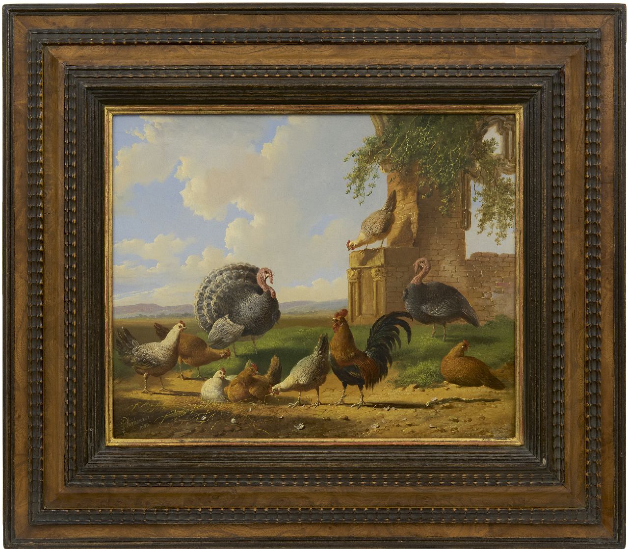 Verhoesen A.  | Albertus Verhoesen | Paintings offered for sale | Turkeys and chicken in a landscape, oil on panel 30.5 x 37.6 cm, signed l.l. and painted 1870