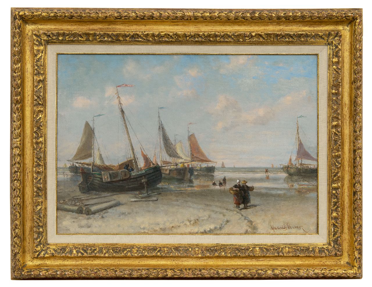 Verveer M.L.  | Mozes Leonardus 'Maurits' Verveer | Paintings offered for sale | Fishermen's wives near the fishing boats along the coastline, oil on canvas 38.8 x 54.9 cm, signed l.r. and on the reverse