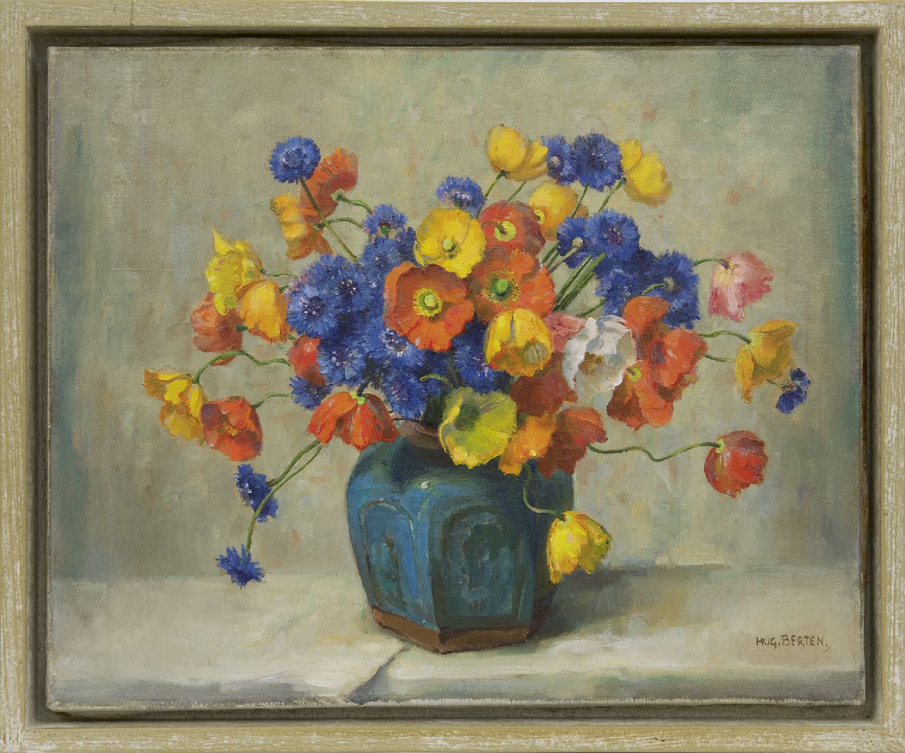 Berten H.H.  | Hermann 'Hugo' Berten, Poppies and cornflowers in a ginger pot, oil on canvas 40.3 x 50.2 cm, signed l.r.