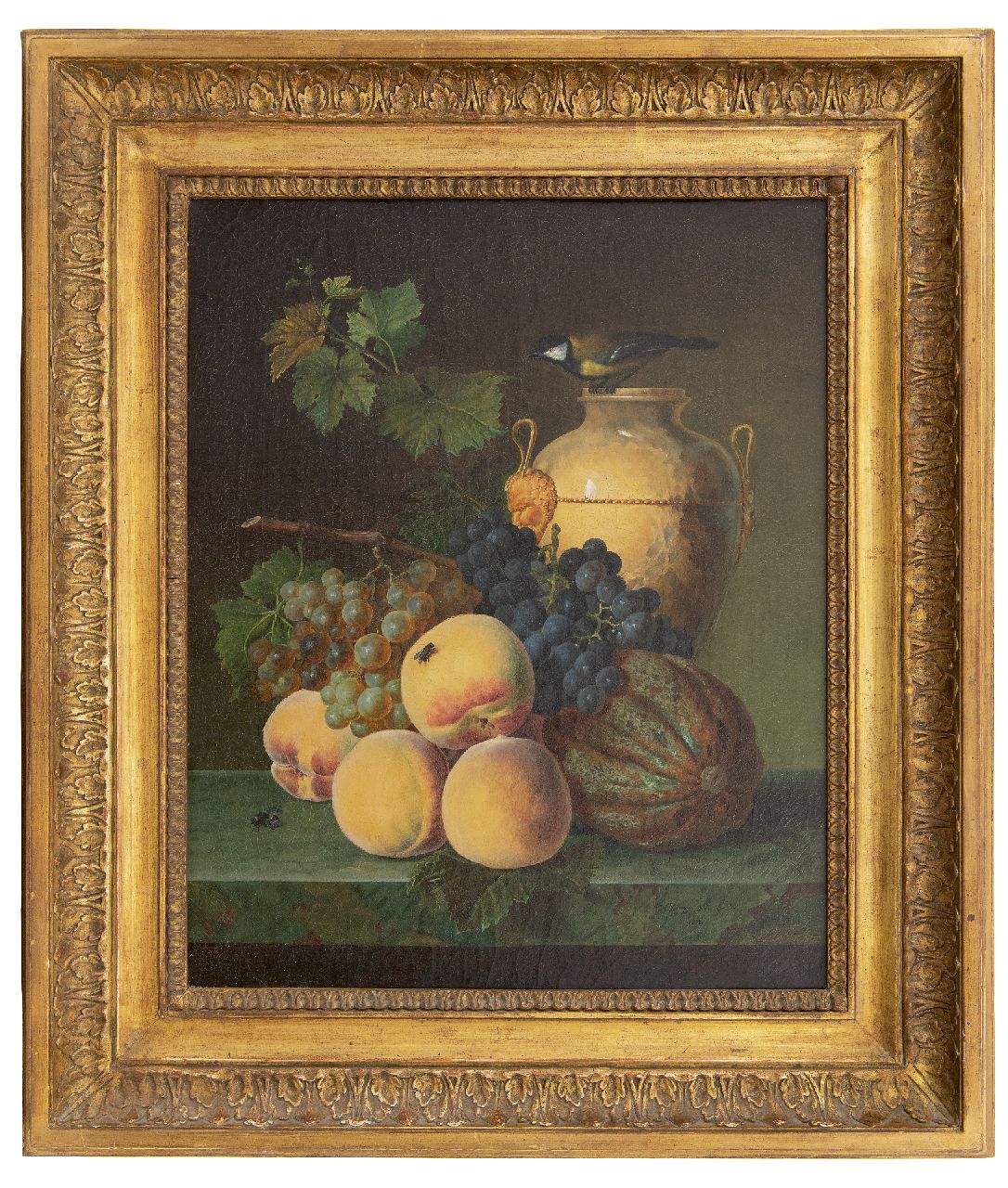 Génin O.M.  | Olympe Mouette Génin, A still life with peaches, an amphora and a bird, oil on canvas 49.0 x 39.9 cm, signed l.r. and dated 1818