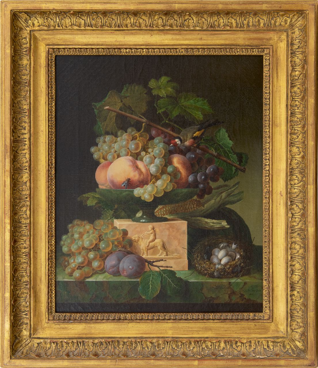 Génin O.M.  | Olympe Mouette Génin, A still life with grapes, a bird's nest and a goldfinch, oil on canvas 49.2 x 39.8 cm, signed l.r. and dated 1819