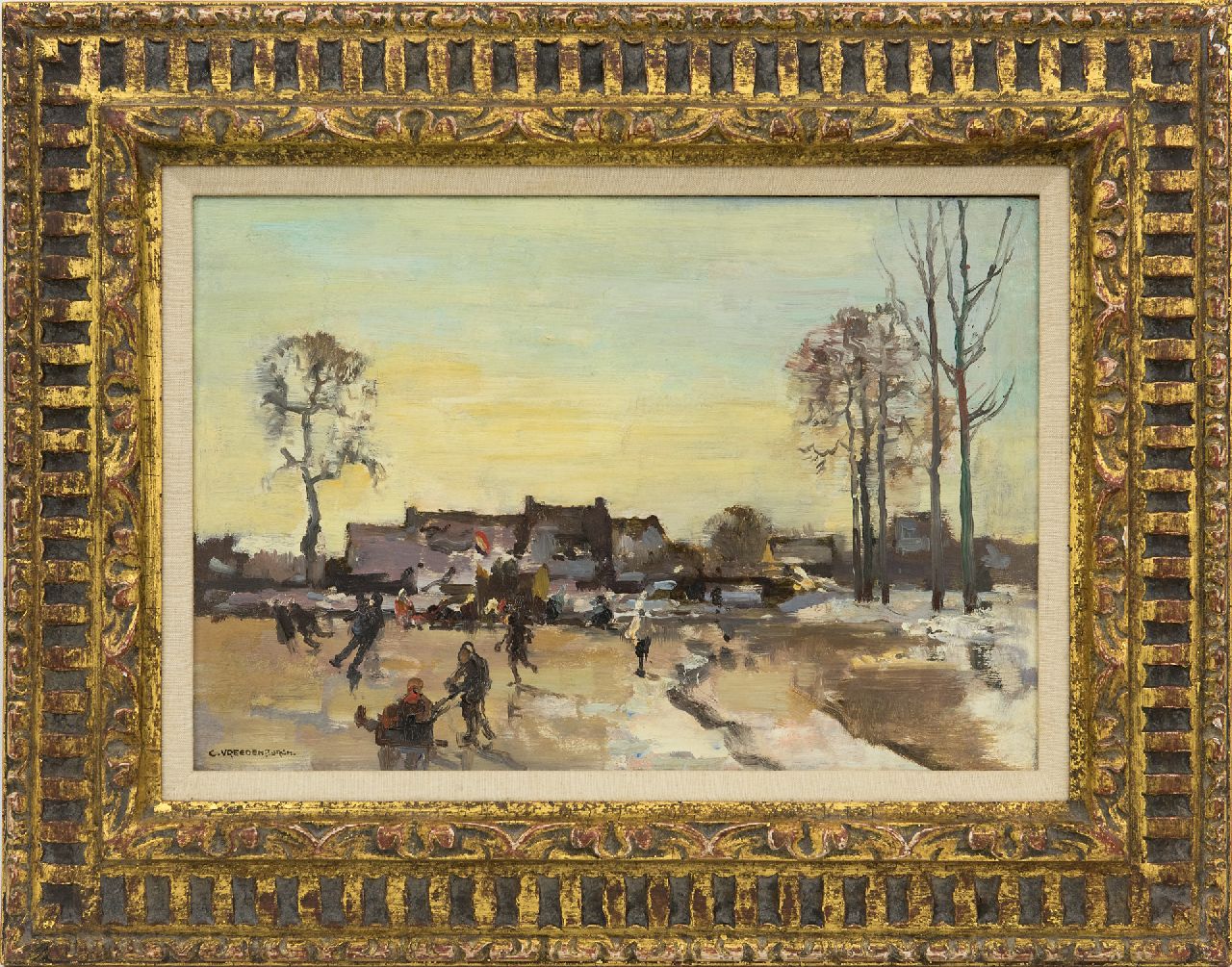 Vreedenburgh C.  | Cornelis Vreedenburgh | Paintings offered for sale | Winter fun on the floodplain, oil on panel 23.9 x 35.1 cm, signed l.l.