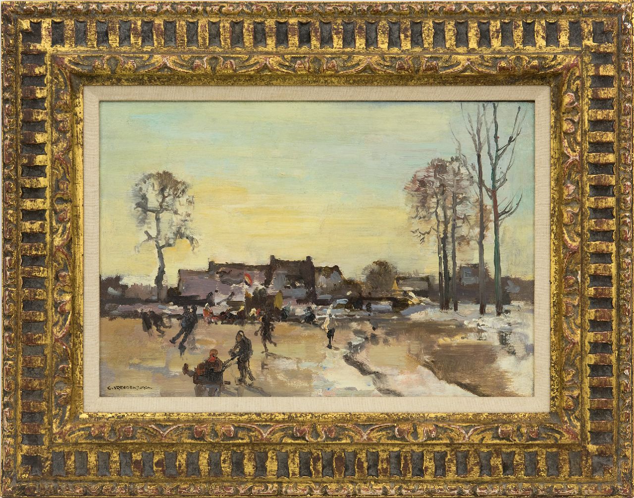 Vreedenburgh C.  | Cornelis Vreedenburgh, Winter fun on the floodplain, oil on panel 23.9 x 35.1 cm, signed l.l.