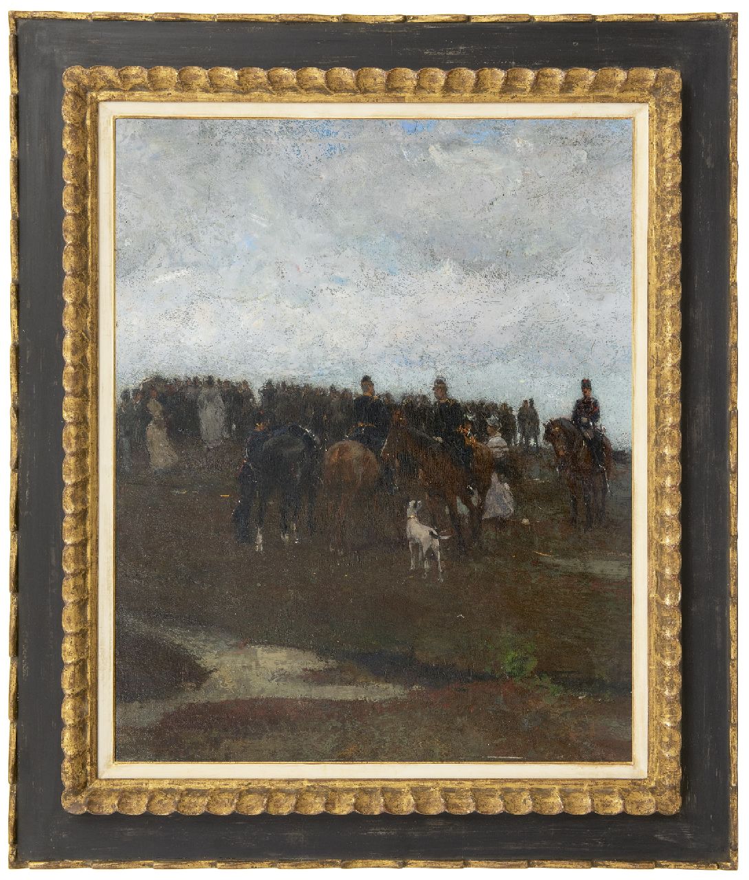 Waay N. van der | Nicolaas van der Waay, Cavalrymen and elegant women in a landscape, oil on canvas laid down on panel 70.5 x 58.0 cm, painted ca. 1905