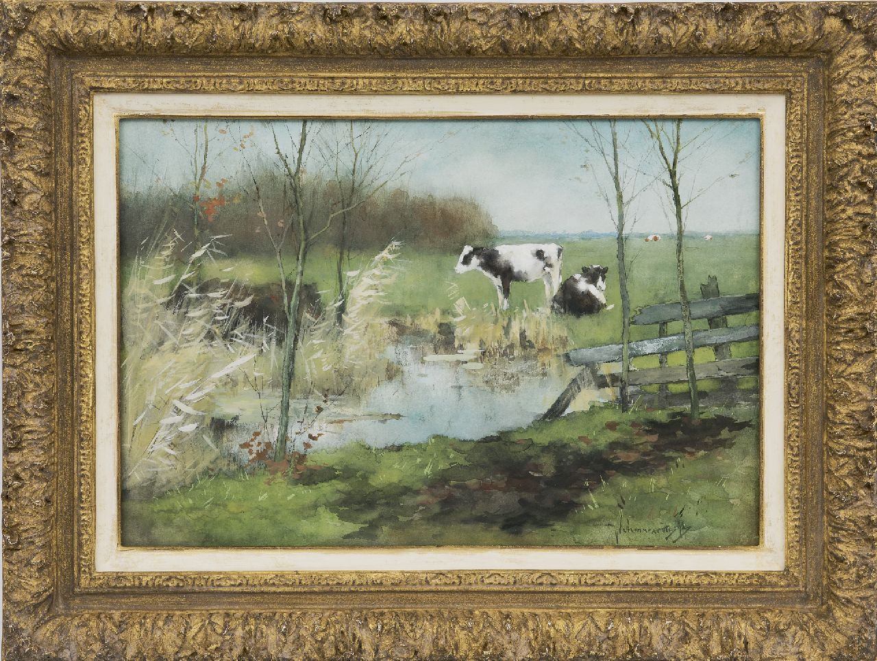 Scherrewitz J.F.C.  | Johan Frederik Cornelis Scherrewitz | Watercolours and drawings offered for sale | Calfs in a meadow, watercolour on paper 30.1 x 44.3 cm, signed l.r.