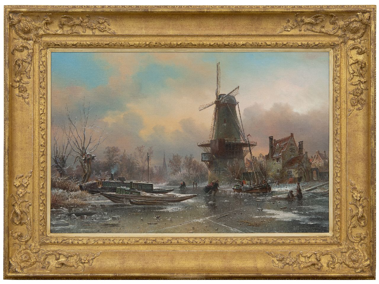 Bommel E.P. van | Elias Pieter van Bommel | Paintings offered for sale | Skaters on a frozen canal near a windmill, oil on canvas 50.1 x 76.1 cm, signed l.r. and dated 1870