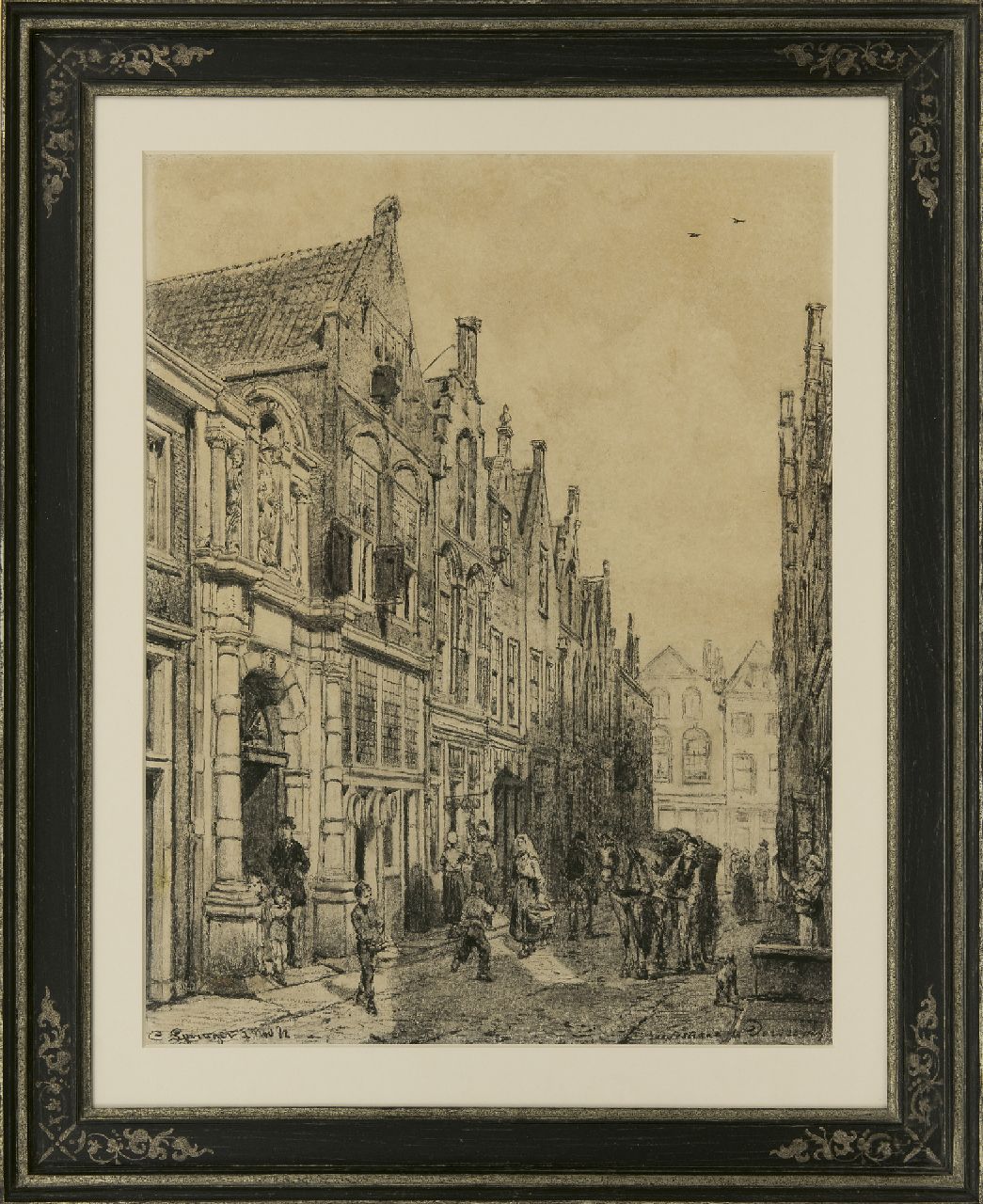 Springer C.  | Cornelis Springer, The  Vriesestraat in Dordrecht with the entrance of the Gemeenteschool, charcoal on paper 50.7 x 39.6 cm, signed l.l. and dated 1 Nov. '82