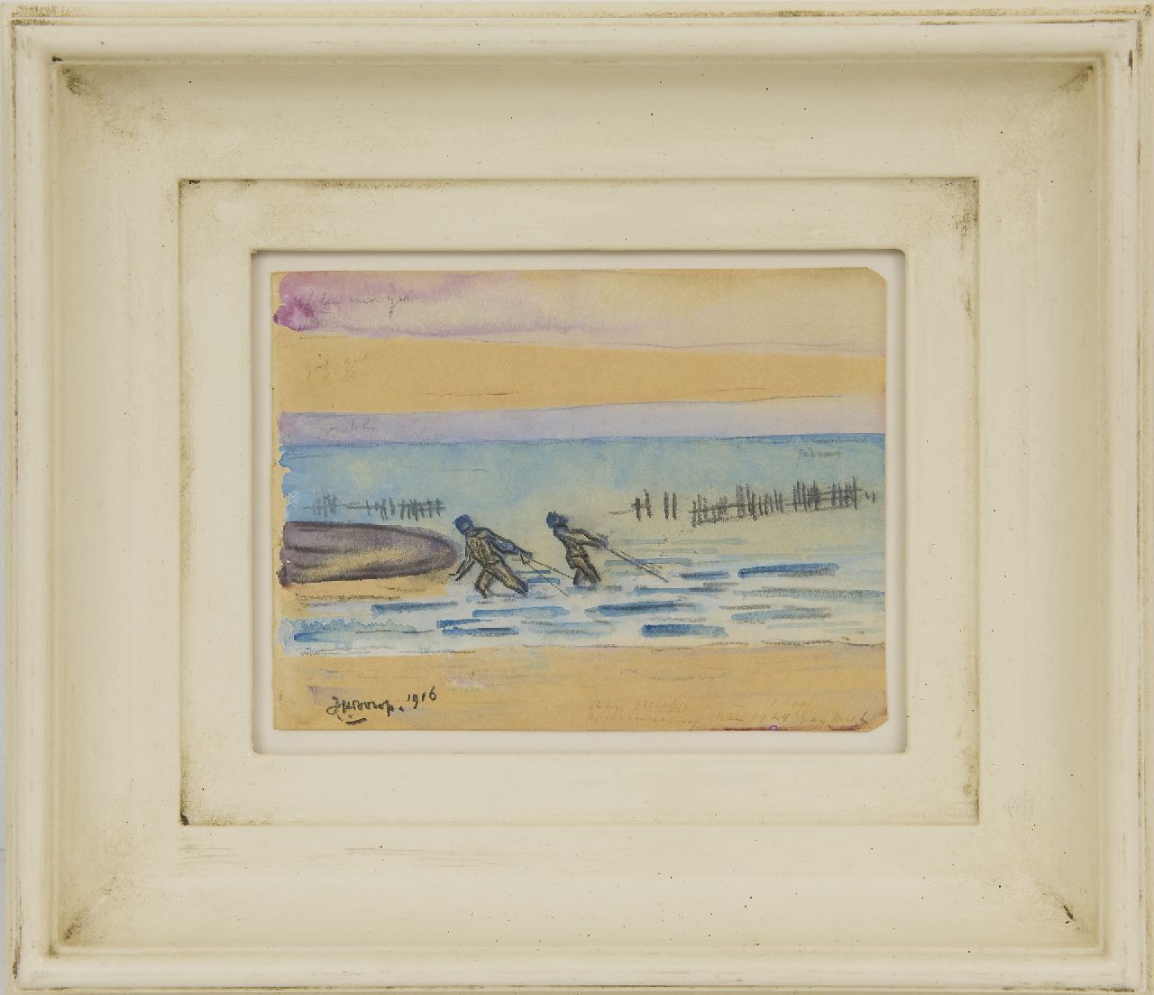 Toorop J.Th.  | Johannes Theodorus 'Jan' Toorop, Prawn fishers, Zeeland, black chalk and watercolour on paper 11.4 x 15.1 cm, signed l.l. and dated 1916