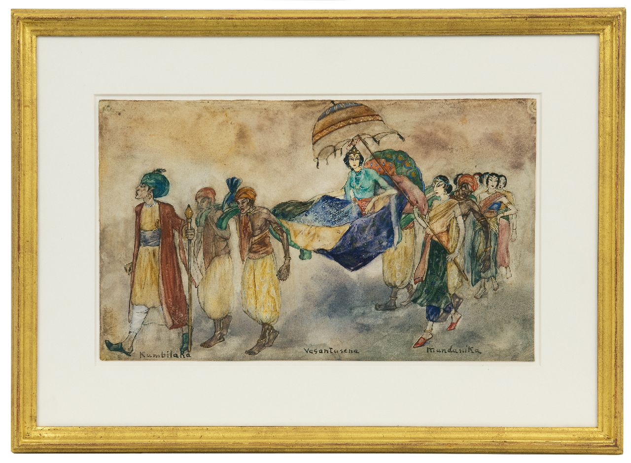 Hoboken J. van | Jacoba 'Jemmy' van Hoboken | Watercolours and drawings offered for sale | Kumbilaka, Vasantasena and Mundanika, pen, ink and watercolour on paper 22.5 x 37.7 cm