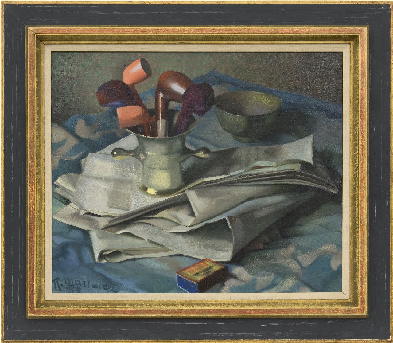 Martinez R.  | Raoul Martinez | Paintings offered for sale | Still life with mortar, pipes and a newspaper, oil on canvas 46.2 x 55.3 cm, signed l.l. and dated '39