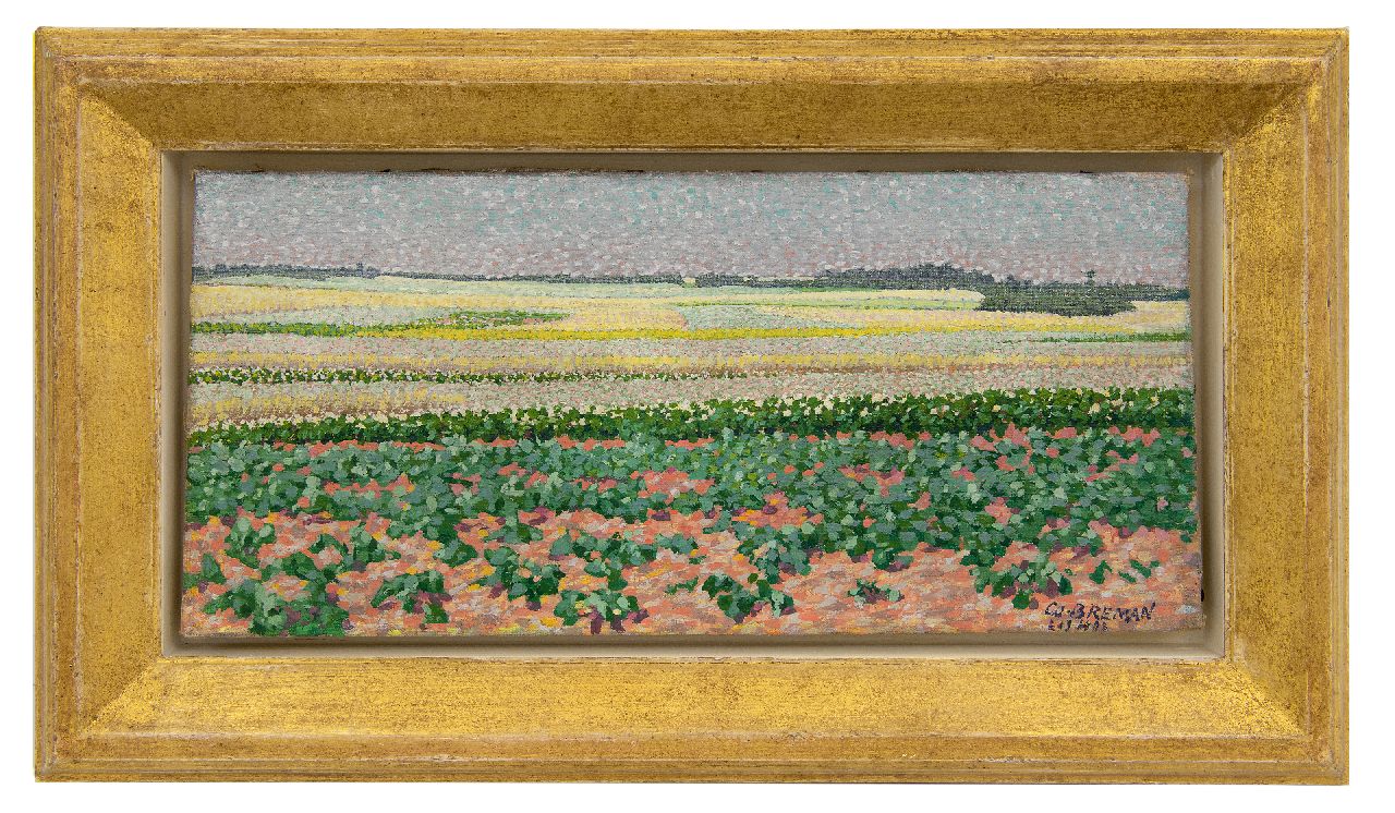 Breman A.J.  | Ahazueros Jacobus 'Co' Breman | Paintings offered for sale | Summer landscape with potato- and buckwheatfields in the Gooi region, oil on canvas 18.7 x 40.5 cm, signed l.r. and dated 'L 1 7 1903'