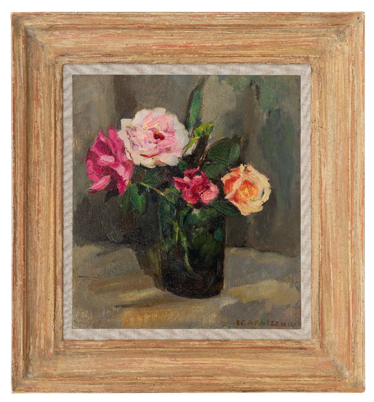 Arntzenius E.C.  | Elise Claudine Arntzenius, Roses in a green vase, oil on panel 25.9 x 24.0 cm, signed l.r.