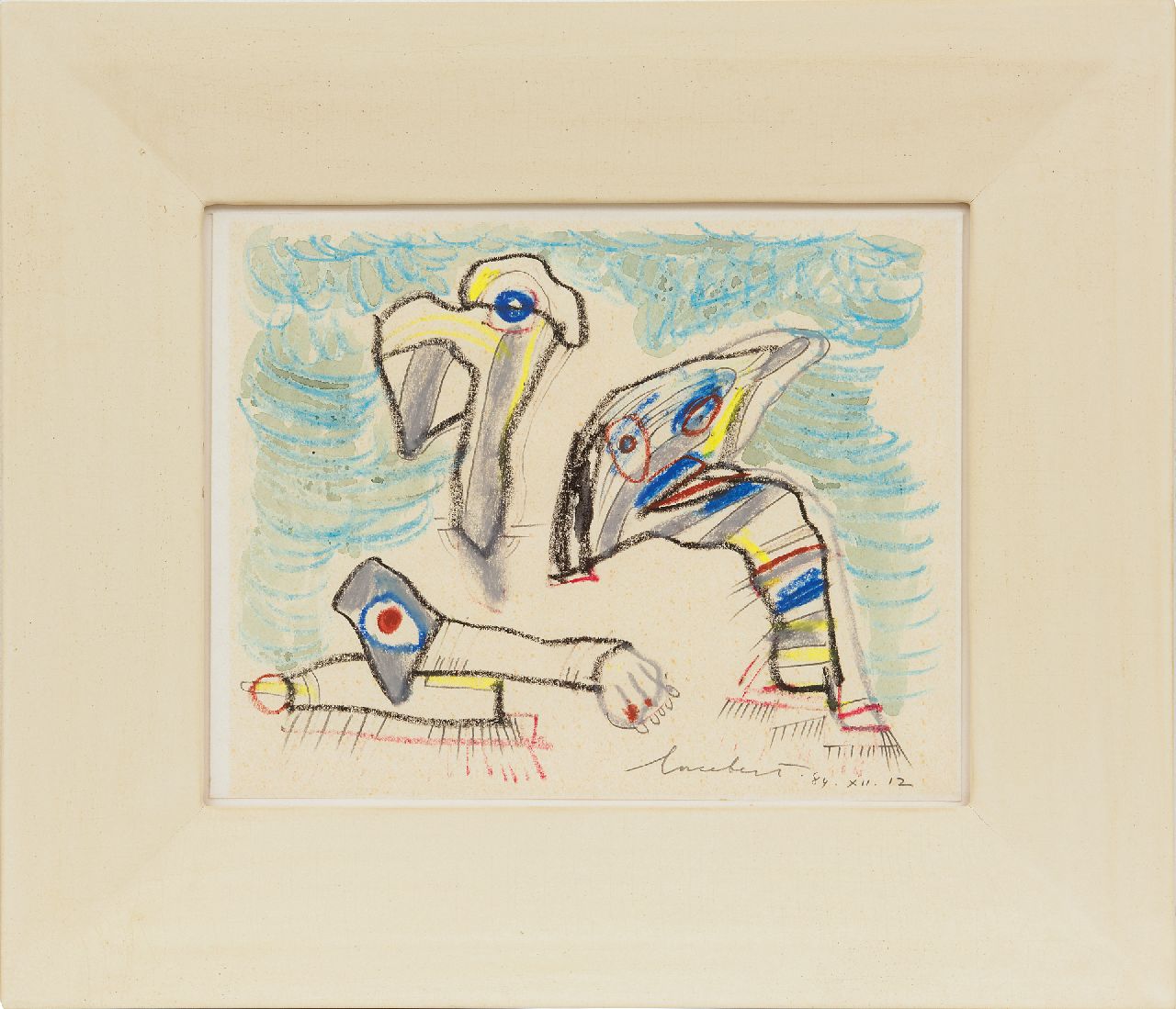 Lucebert (Lubertus Jacobus Swaanswijk)   | Lucebert (Lubertus Jacobus Swaanswijk) | Watercolours and drawings offered for sale | Three creatures, pencil, chalk and watercolour on paper 20.9 x 26.7 cm, signed l.r. and dated 84.XII.12