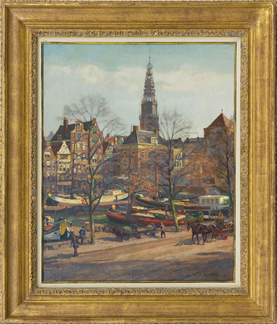 Haaren D.J. van | 'Dirk' Johannes van Haaren | Paintings offered for sale | A view of Amsterdam with the tower of the Oude Kerk, oil on canvas 58.1 x 47.0 cm, signed l.r.