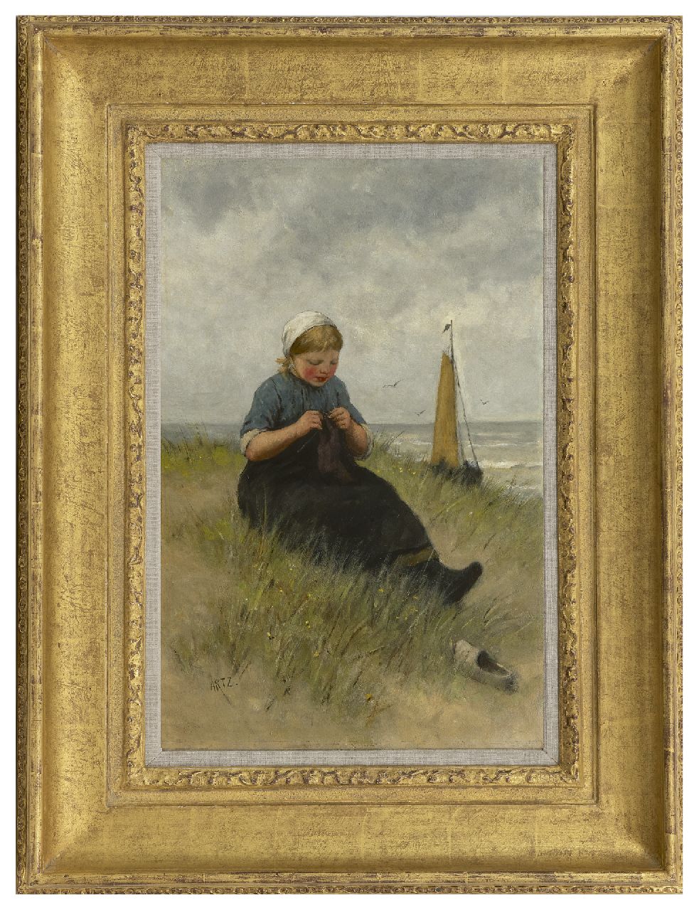 Artz D.A.C.  | David Adolphe Constant Artz, Young girl knitting in the dunes, oil on canvas 54.3 x 36.1 cm, signed l.l.