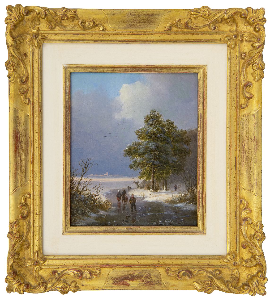 Klombeck J.B.  | Johann Bernard Klombeck, Winter landscape near Cleves with ice skaters, oil on panel 16.4 x 13.5 cm, signed l.l. and dated 1842