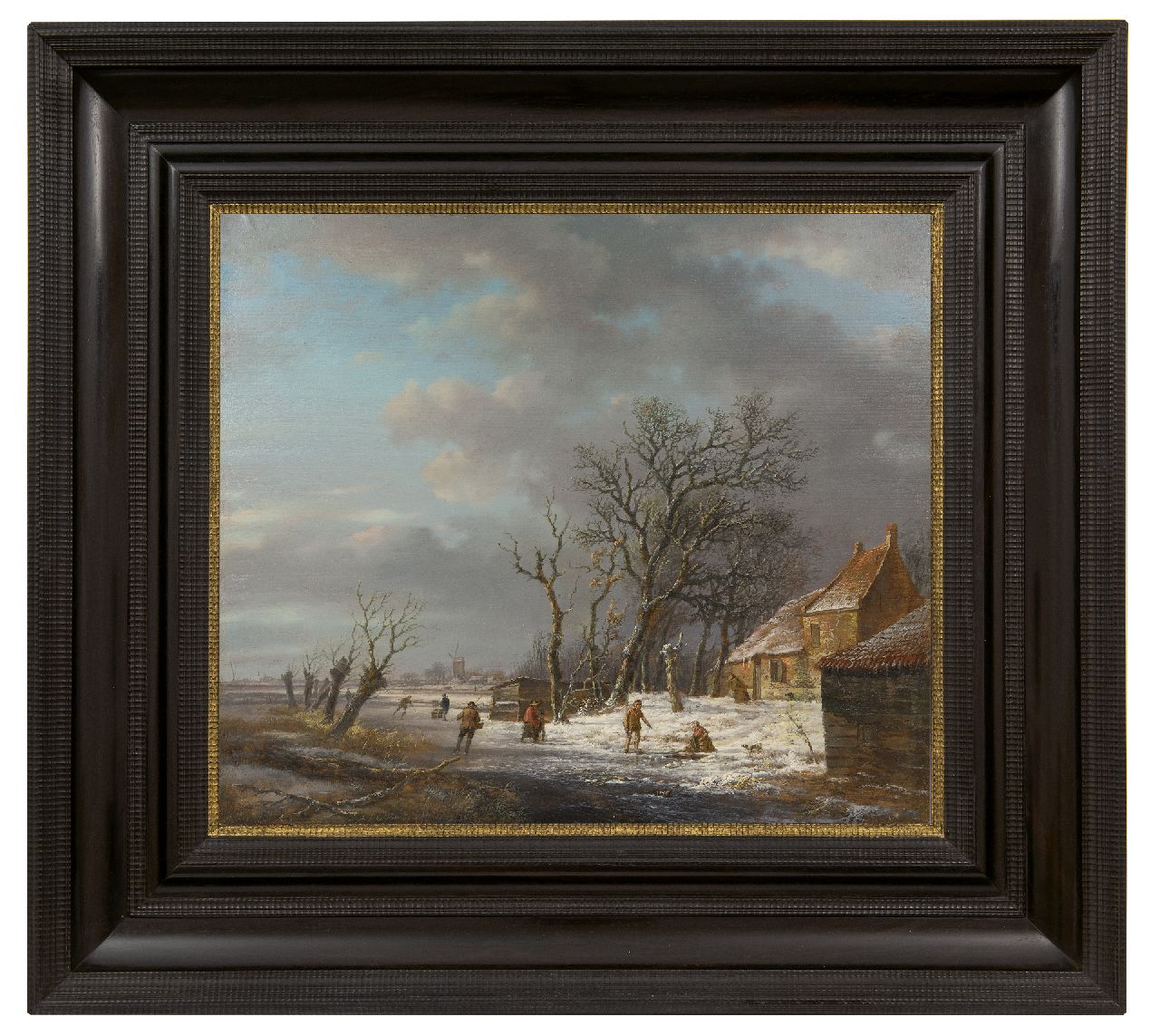 Schelfhout A.  | Andreas Schelfhout, Winter landscape with skaters and a washerwoman at an ice hole, oil on panel 37.0 x 43.1 cm, signed l.l. and painted ca. 1820