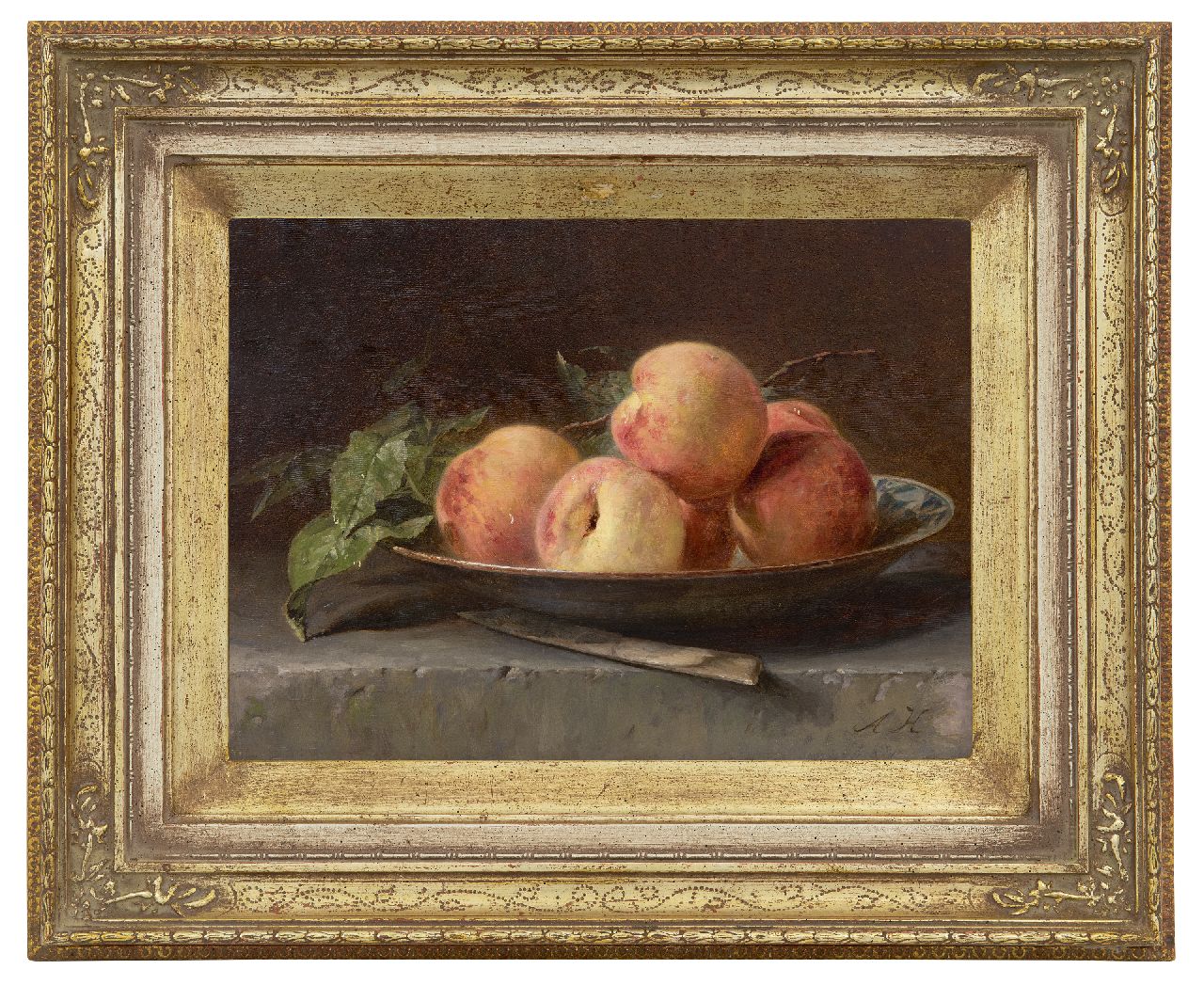 Haanen A.J.  | Adriana Johanna Haanen, Peaches in a bowl on a ledge, oil on panel 23.4 x 32.0 cm, signed l.r. with initials