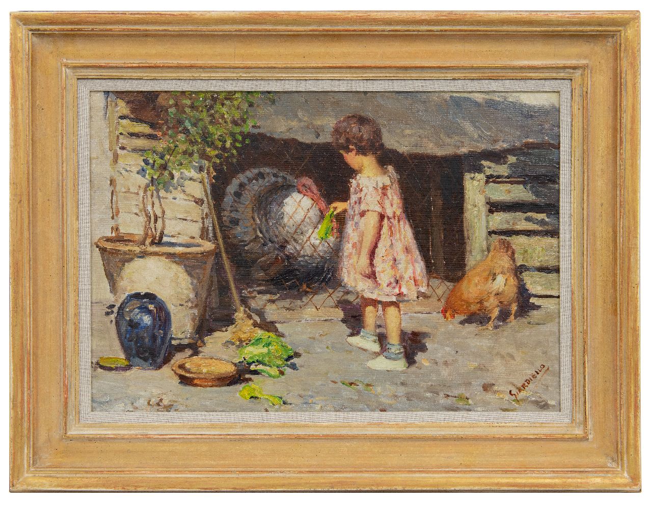 Giardiello G.  | Giuseppe Giardiello, Girl with a turkey, oil on canvas 34.5 x 50.5 cm, signed l.r.