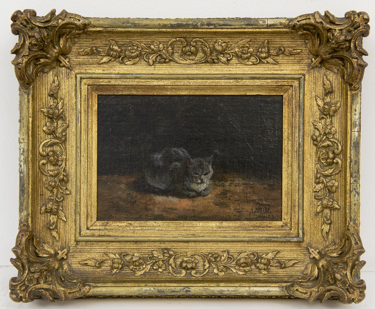 Briët A.H.C.  | 'Arthur' Henri Christiaan Briët, Sleeping grey cat, oil on canvas laid down on panel 13.0 x 20.8 cm, signed l.r.