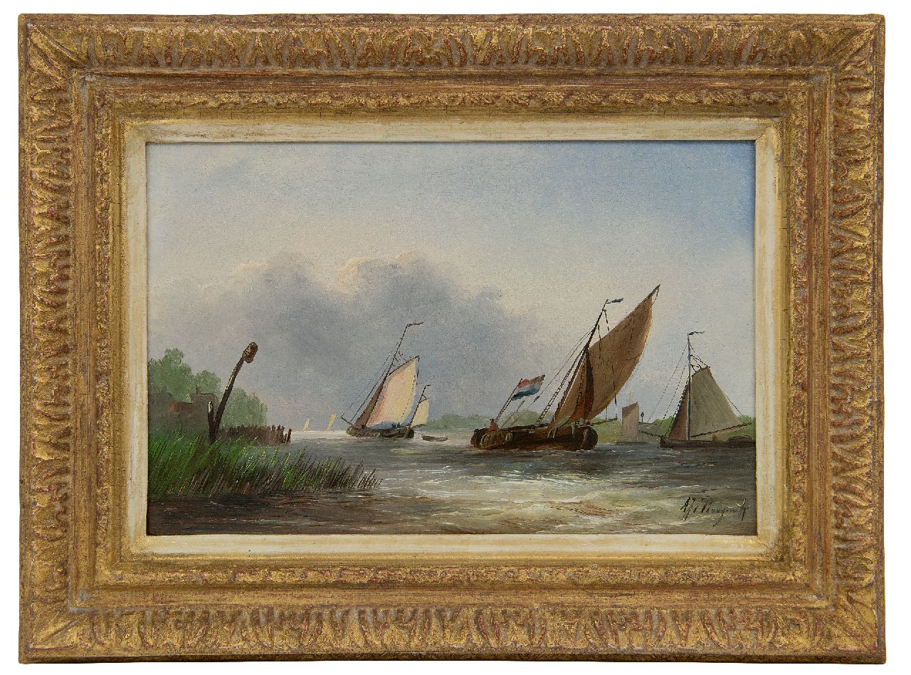 Prooijen A.J. van | Albert Jurardus van Prooijen | Paintings offered for sale | Sailing ships in a strong breeze, oil on panel 17.5 x 26.4 cm, signed l.r.