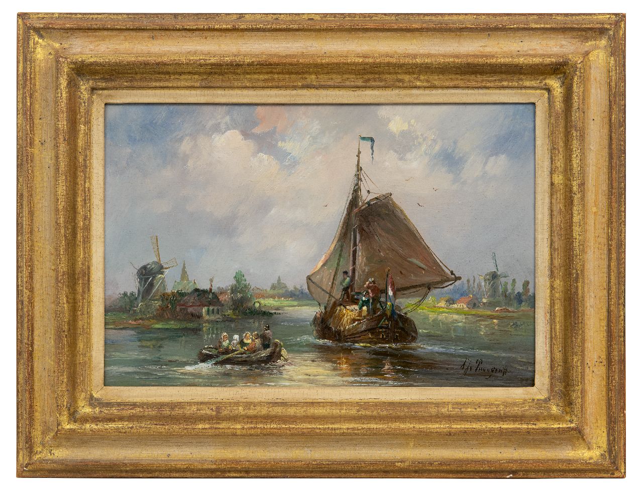Prooijen A.J. van | Albert Jurardus van Prooijen | Paintings offered for sale | A view of a river with a hayship, oil on panel 21.2 x 32.0 cm, signed l.r.