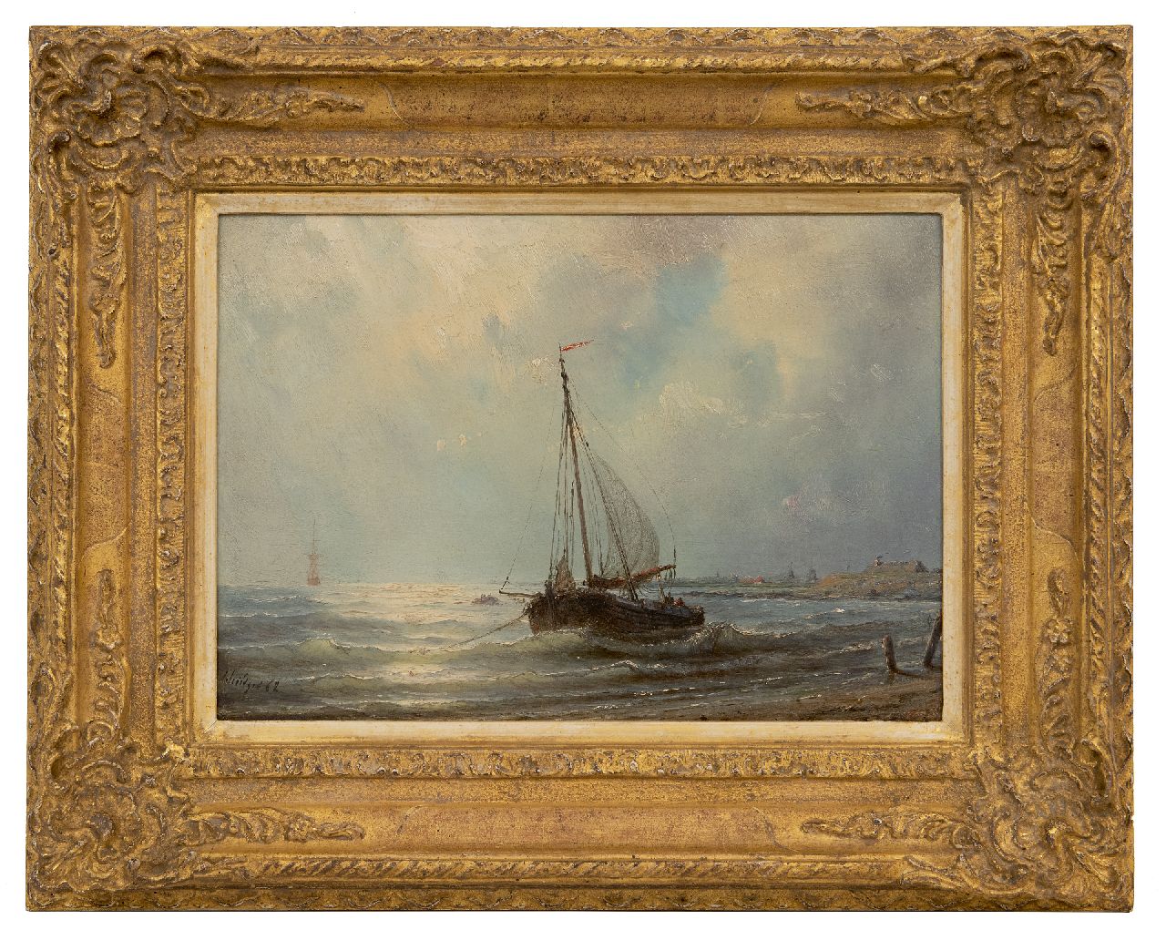 Schiedges P.P.  | Petrus Paulus Schiedges, Anchored along the coast, oil on panel 23.0 x 33.2 cm, signed l.l. and dated '62