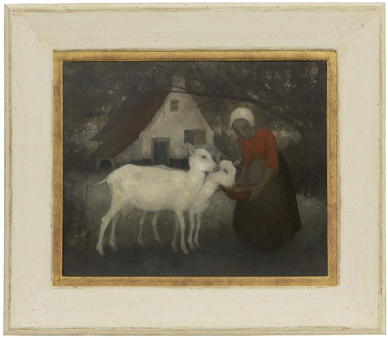 Hoboken J. van | Jacoba 'Jemmy' van Hoboken, Feeding the goats, oil on canvas 36.1 x 43.8 cm, signed l.r. and dated '34