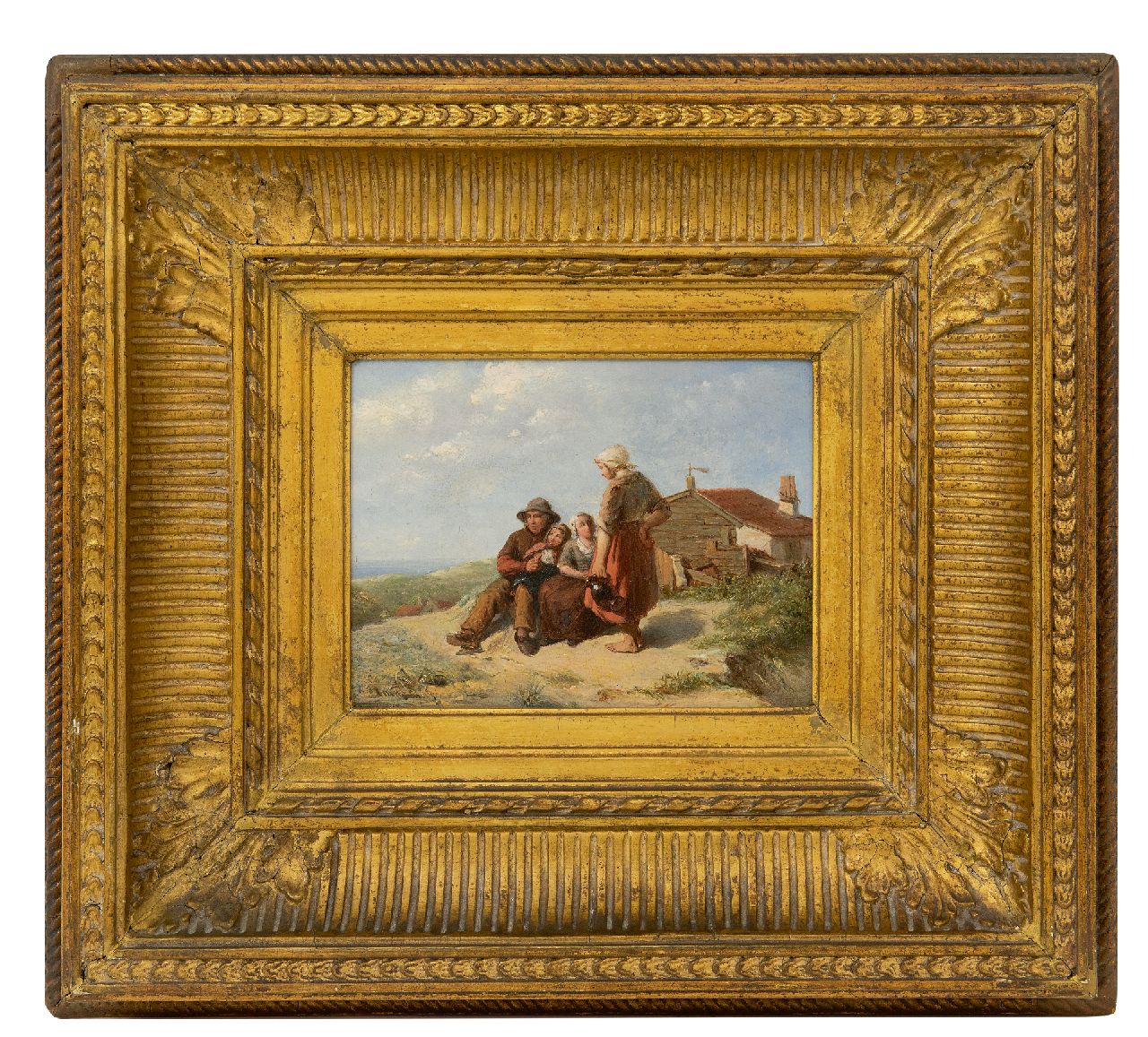 Bus J.M. de | Johannes Martinus de Bus, A fisherman and his family in the dunes, oil on panel 12.7 x 16.6 cm, signed l.l.