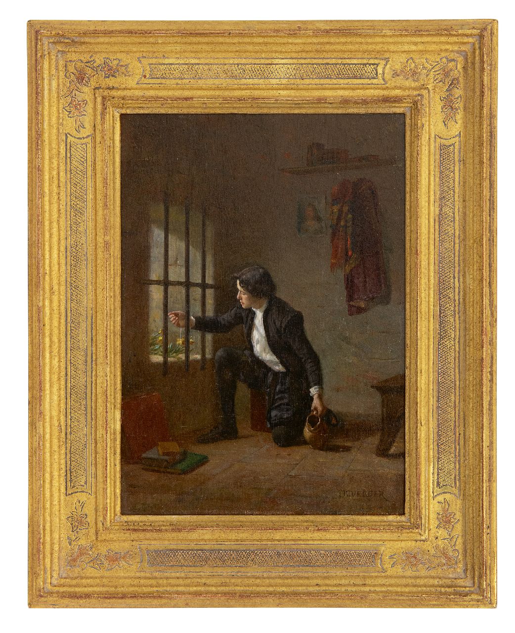 Duverger T.E.  | Théophile Emmanuel Duverger, The tender prisoner, oil on panel 23.5 x 16.2 cm, signed l.r.