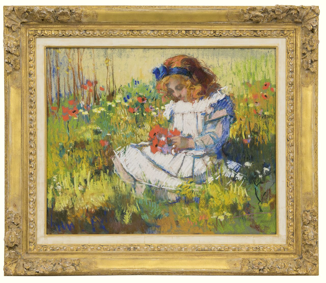 Graafland R.A.A.J.  | Robert Archibald Antonius Joan 'Rob' Graafland | Watercolours and drawings offered for sale | The painter's daughter in a flowering meadow, pastel on paper 51.9 x 63.5 cm, signed l.r. and dated 1911