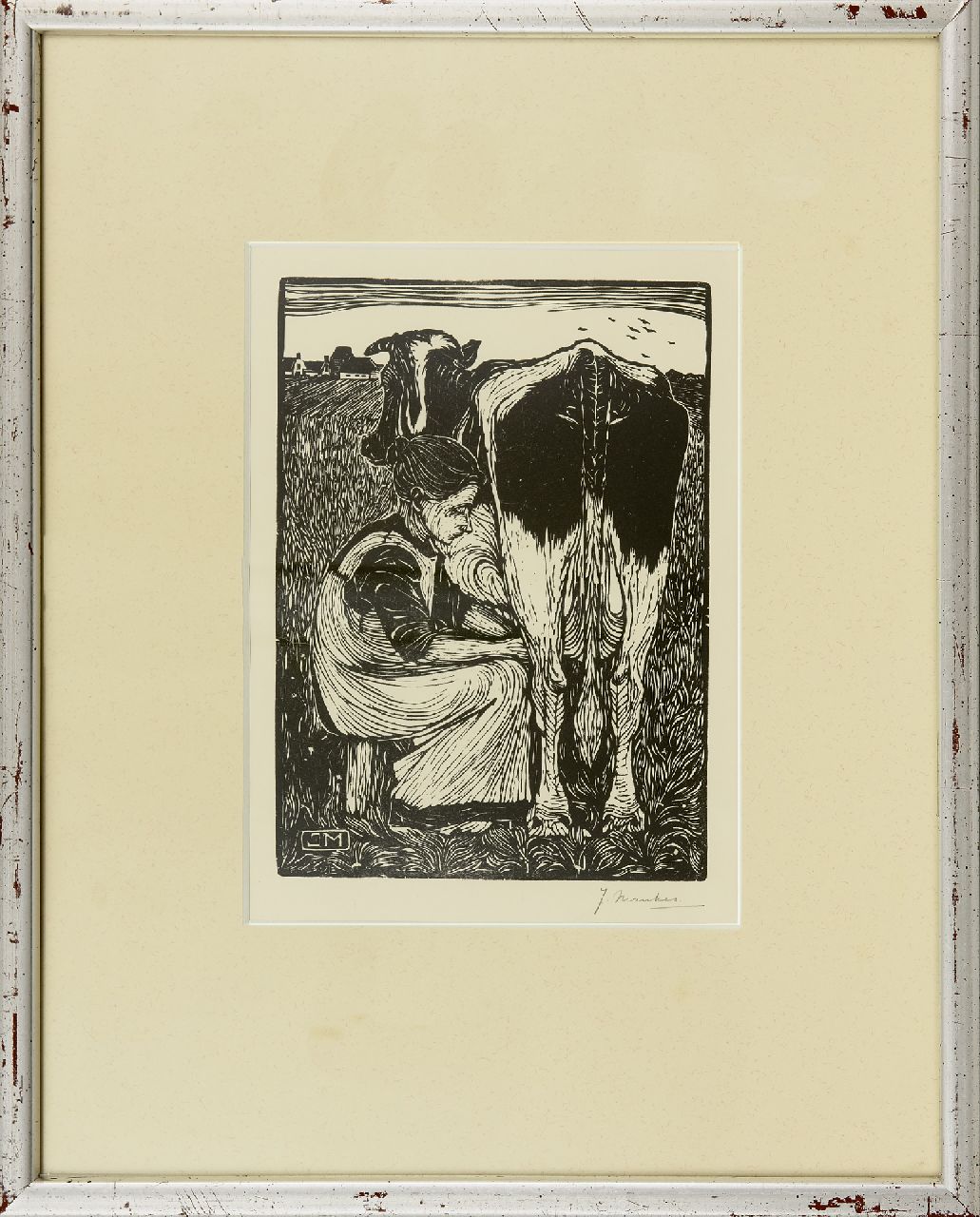 Mankes J.  | Jan Mankes, Peasant woman milking a cow, woodcut on paper 22.0 x 16.0 cm, signed l.r. (in pencil) and executed in 1914