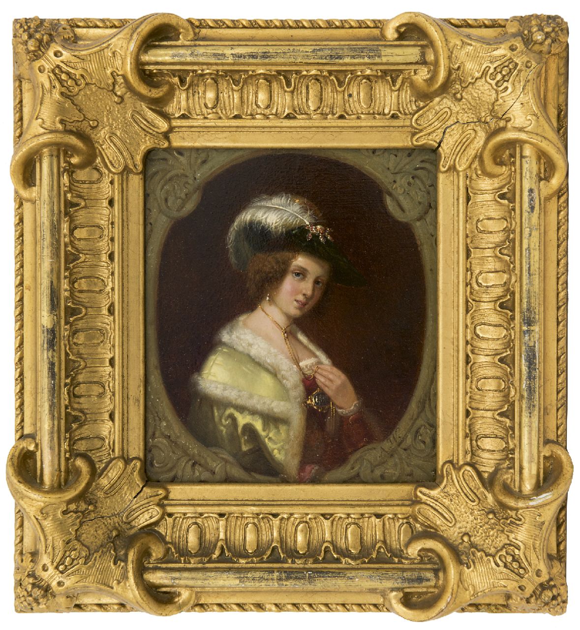 Waldorp A.  | Antonie Waldorp, Portrait of a bejuweled woman, oil on panel 19.0 x 16.2 cm, signed l.r. with initials