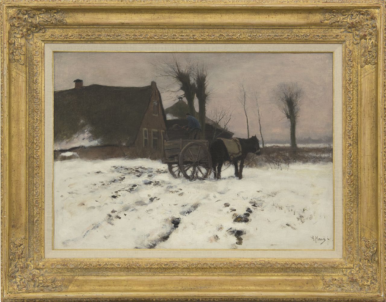 Mauve A.  | Anthonij 'Anton' Mauve, A winterlandscape with horse drawn cart, oil on canvas 51.7 x 71.2 cm, signed l.l.