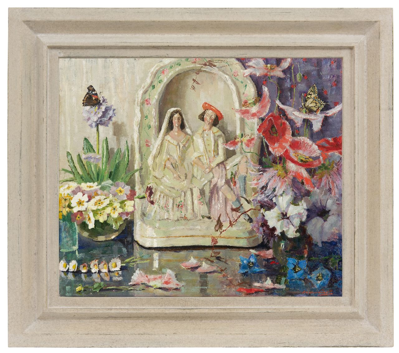 Dam van Isselt L. van | Lucie van Dam van Isselt | Paintings offered for sale | Still life with flowers, butterflies and wedding figurine, oil on panel 45.2 x 53.2 cm, signed r.u.