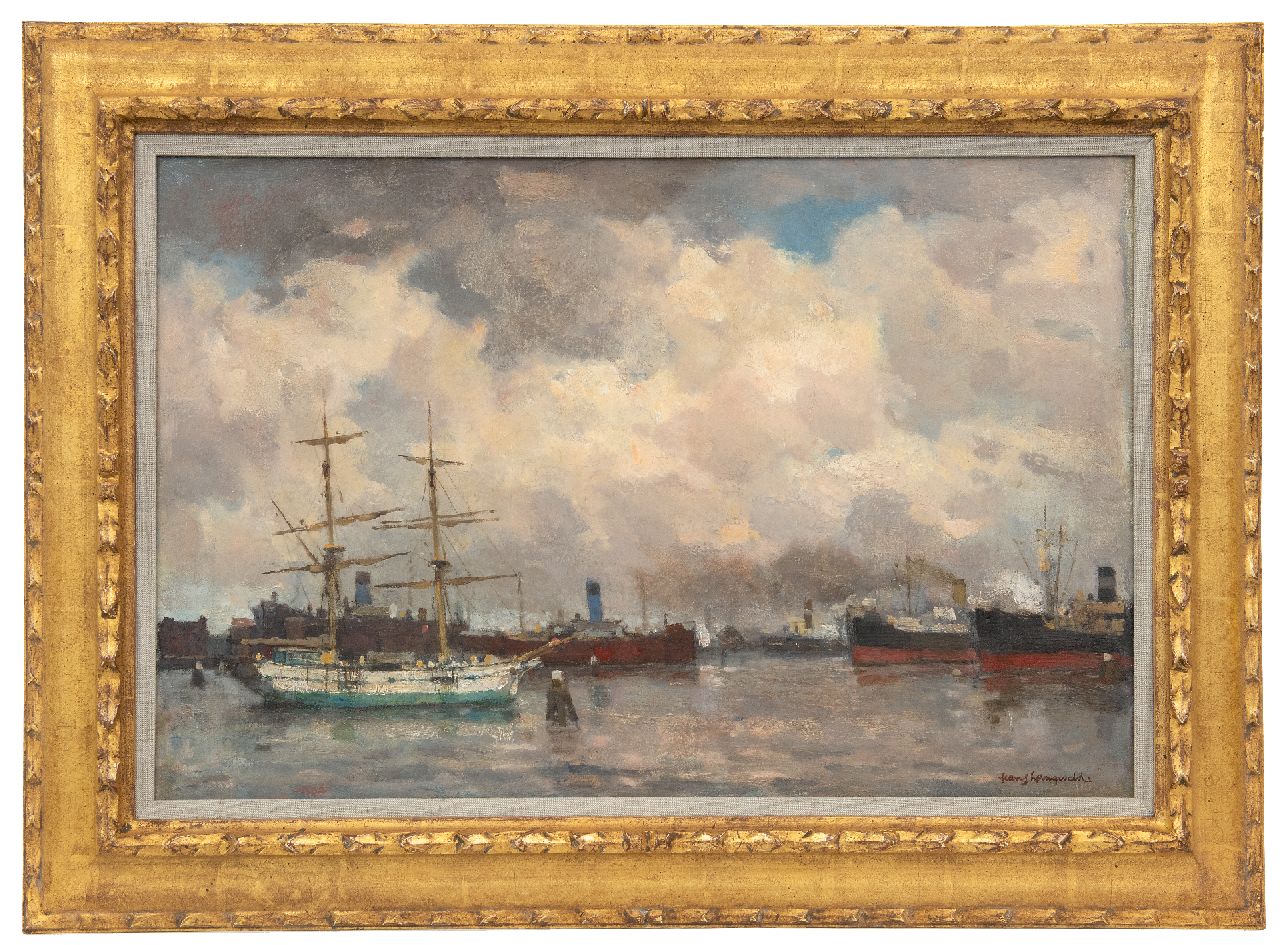 Langeveld F.A.  | Franciscus Arnoldus 'Frans' Langeveld | Paintings offered for sale | Rotterdam harbour view seen from the Handelskade, oil on canvas 40.3 x 60.7 cm, signed l.r. and on the reverse