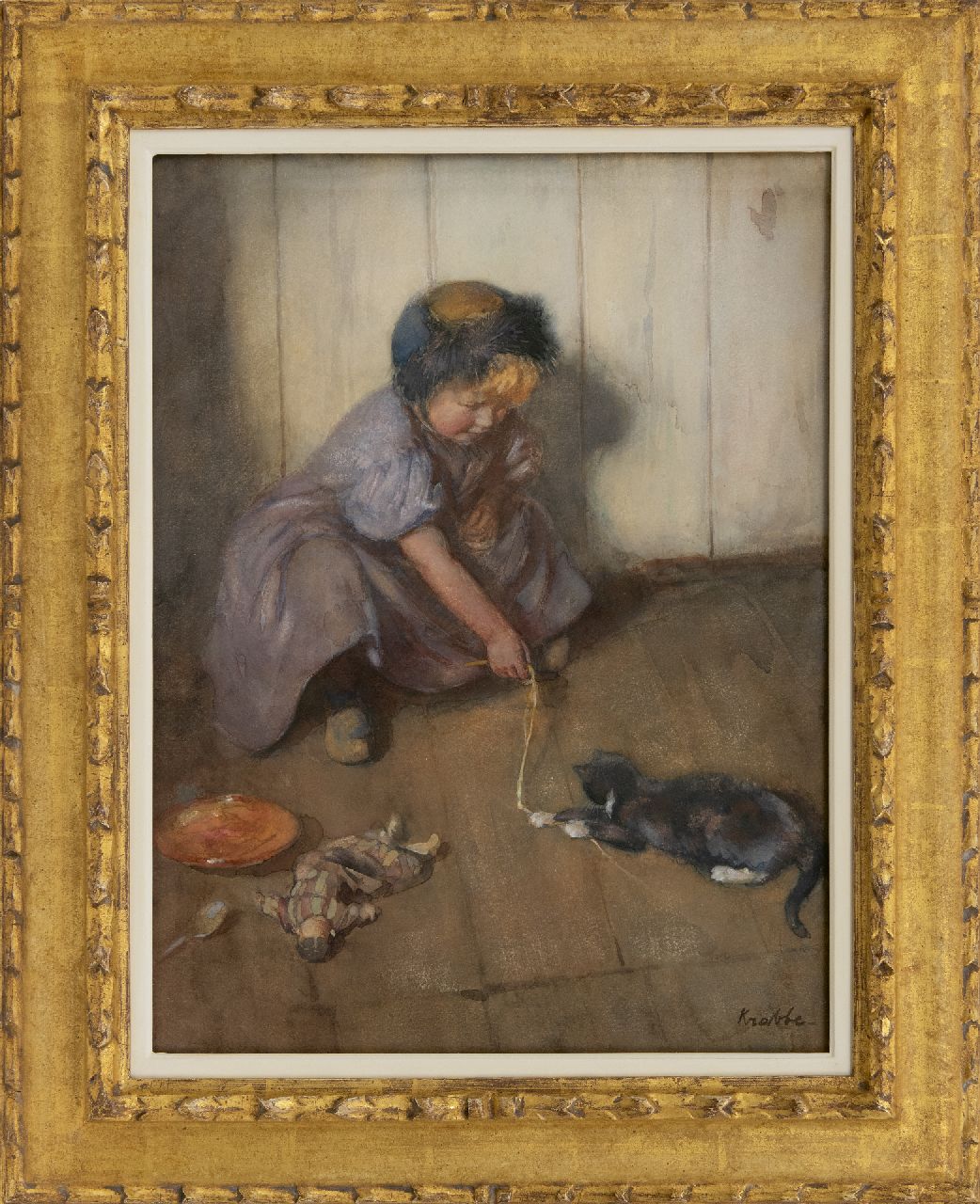 Krabbé H.M.  | Heinrich Martin Krabbé | Watercolours and drawings offered for sale | Playing with the cat, watercolour on paper 47.5 x 36.0 cm, signed l.r. and painted 1906-1916