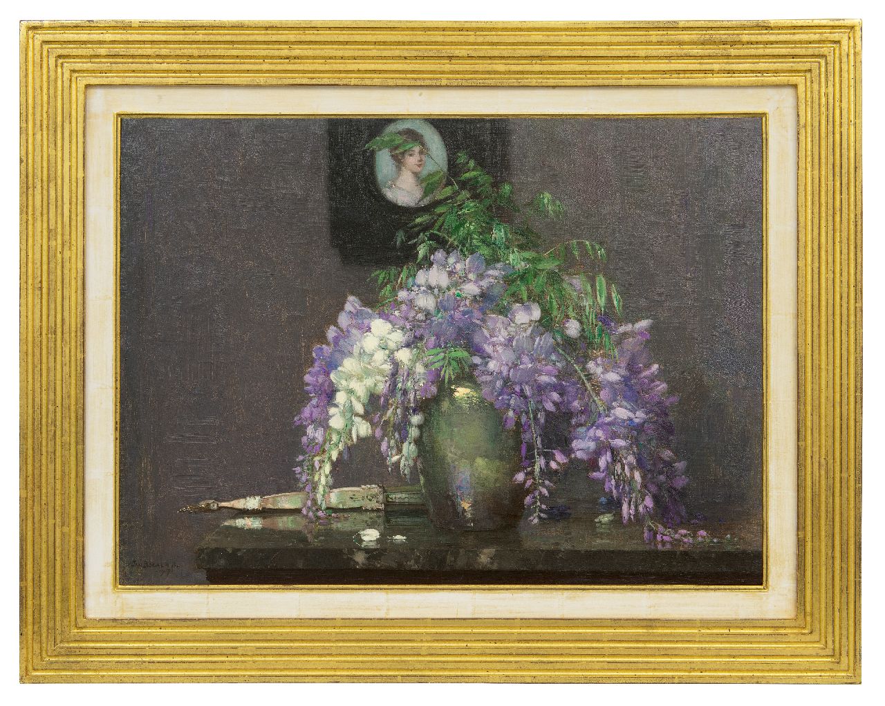 Bogaerts J.J.M.  | Johannes Jacobus Maria 'Jan' Bogaerts | Paintings offered for sale | A still life with Wisteria and a miniature portrait, oil on canvas 40.3 x 55.1 cm, signed l.l. and dated 1917