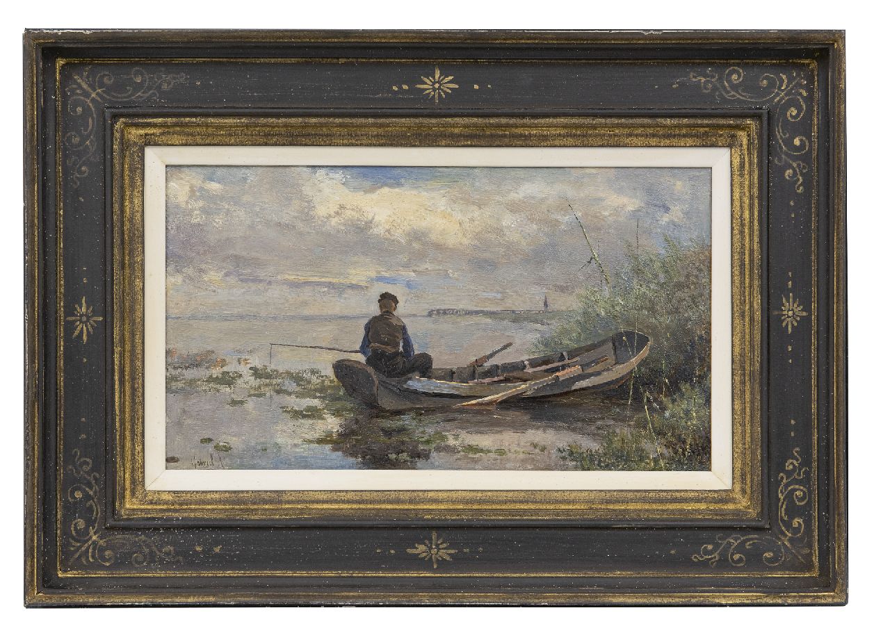 Gabriel P.J.C.  | Paul Joseph Constantin 'Constan(t)' Gabriel, Angler in a polder landscape, oil on panel 18.9 x 32.7 cm, signed l.l.