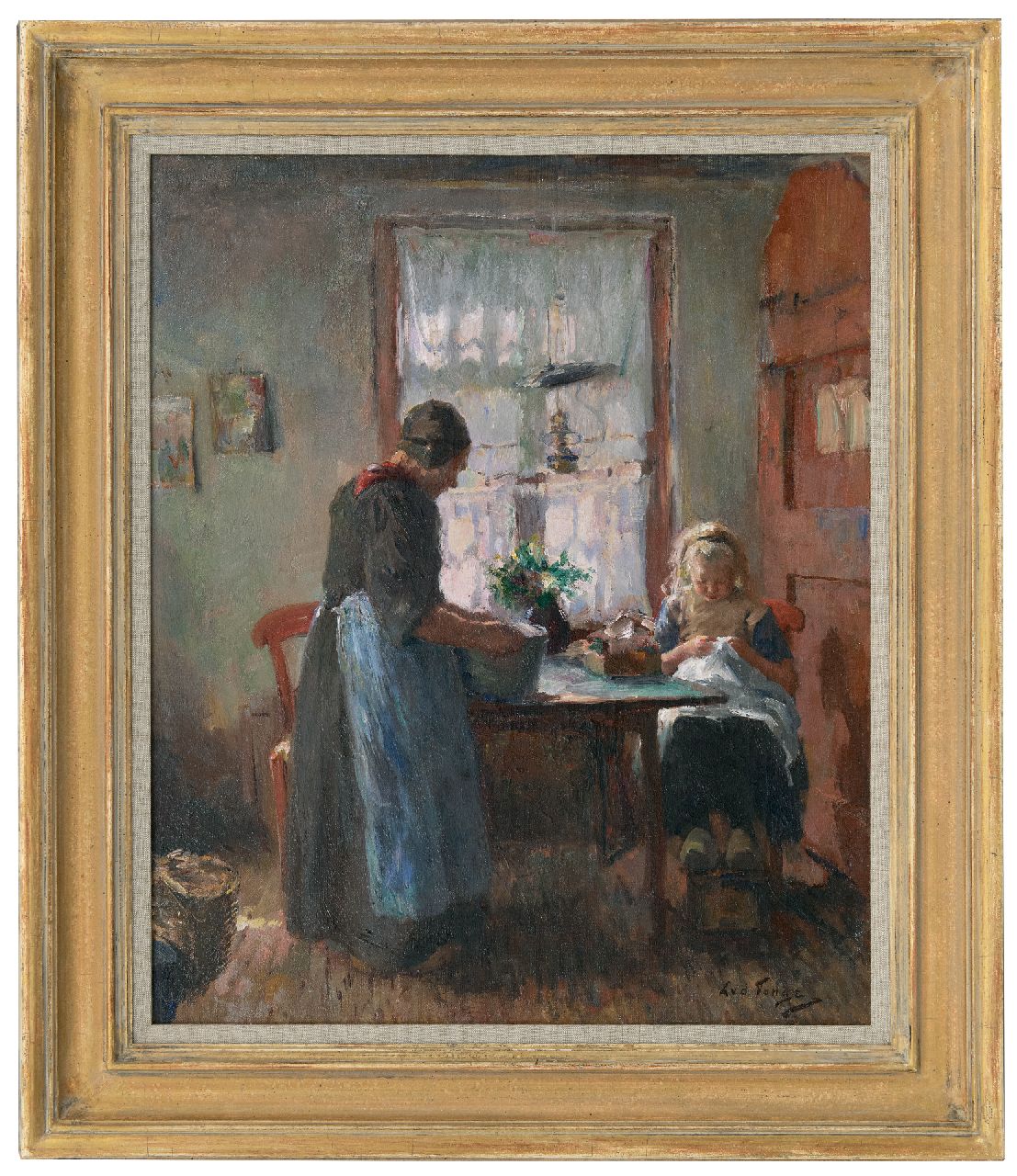 Tonge L.L. van der | 'Lammert' Leire van der Tonge | Paintings offered for sale | Girl at her needelwork in farmhouse interior in Laren, oil on canvas 54.3 x 45.2 cm, signed l.r.