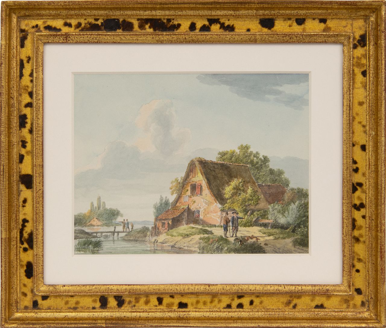 Koekkoek B.C.  | Barend Cornelis Koekkoek | Watercolours and drawings offered for sale | Travellers near a cottage by the river, watercolour on paper 14.7 x 19.4 cm, signed l.r.